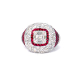 Shein 18K White Gold Diamond Ring with Ruby Halo and Ruby Pave Band zaveribros.com