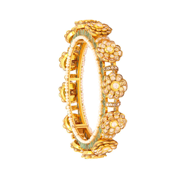 Floral Traditional 18K Gold Polki Bangle zaveribros.com