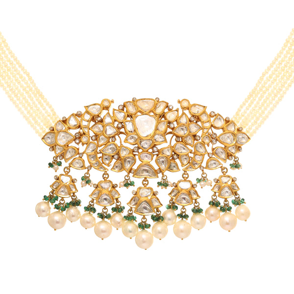 Radiant Polki Embrace Necklace with Emeralds and Pearls zaveribros.com