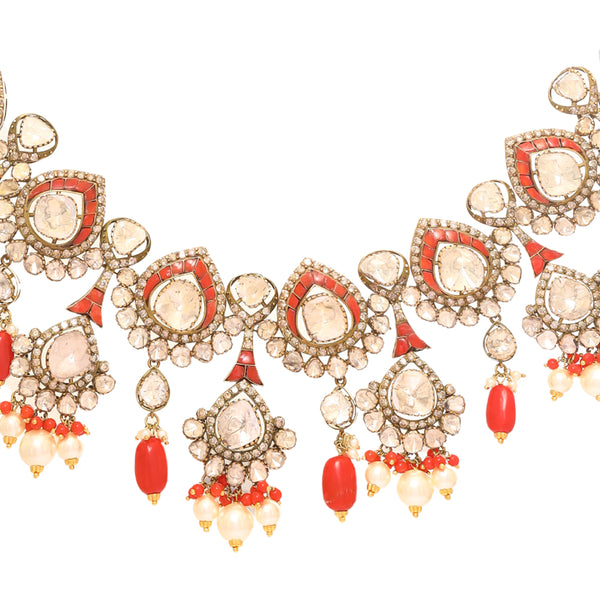 Elegant 18k Gold Coral Polki Necklace zaveribros.com