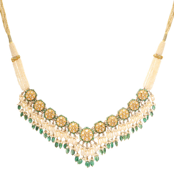 Majestic 18k Gold Polki Emerald and Pearl Necklace zaveribros.com