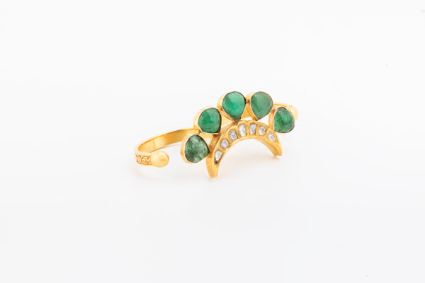 Emerald Crescent Polki Gold Ring zaveribros.com