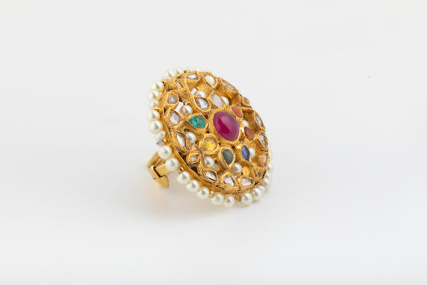 Navratna Radiant Gold Polki Ring zaveribros.com