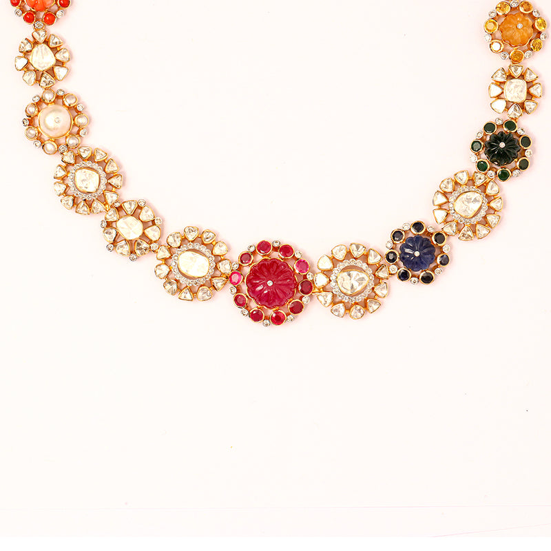 Floral Navratna Gold Necklace zaveribros.com