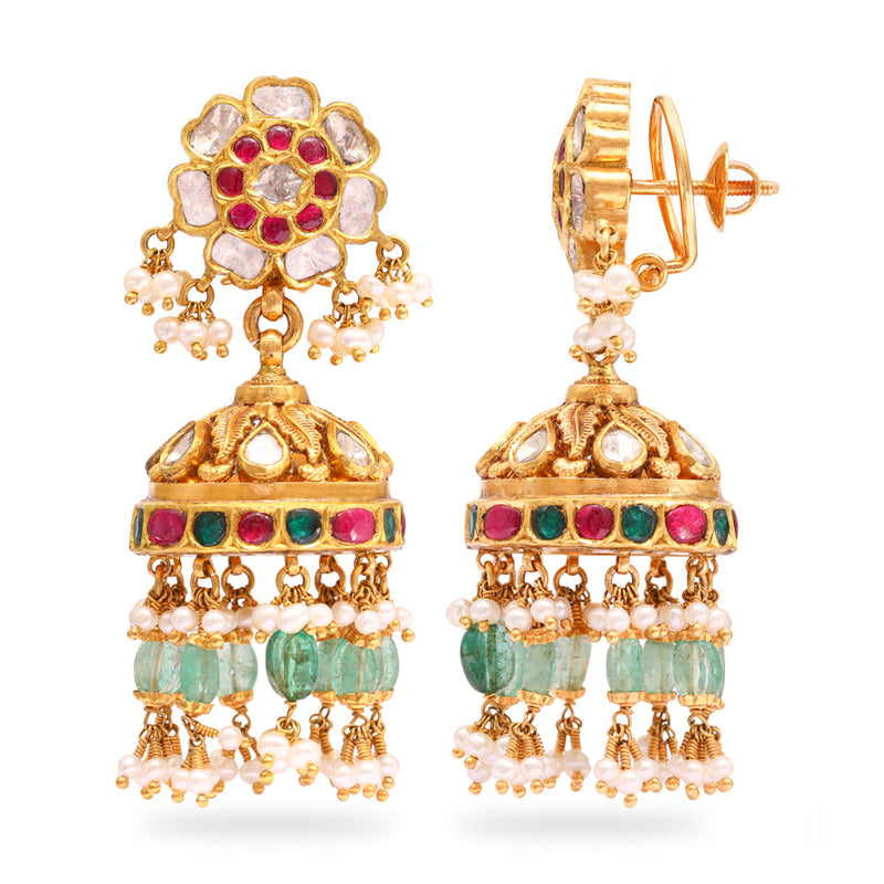 Royal Emerald and Ruby Pearl Jhumkas zaveribros.com