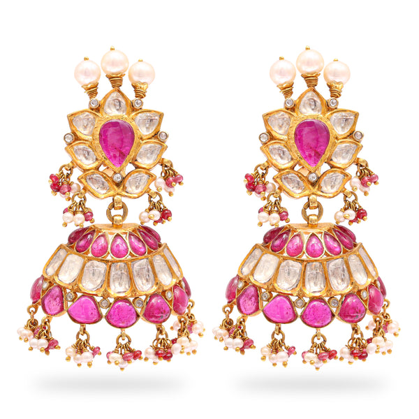 Pink Gemstone Polki Jhumkas zaveribros.com