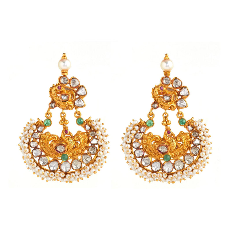 Traditional Peacock Polki Chandbali Earrings - zaveribros.com